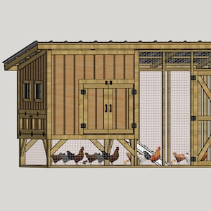 May include: A detailed illustration of a wooden chicken coop with a sloped roof and wire mesh enclosures. The coop features a main structure with a double door, a side enclosure, and a small windowed area. Several chickens are visible inside.