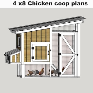 Puede incluir: Ilustración detallada de un plano de gallinero de 4x8. El gallinero presenta un tejado inclinado, revestimiento de madera y paneles de malla metálica. Se ven varias gallinas dentro del gallinero. El texto "4 x 8 Chicken coop plans" está en la parte superior.