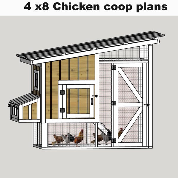 鶏10羽用の4×8フィートのウォークイン式鶏小屋の設計図（PDFダウンロード）