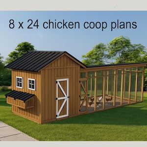 Plans de poulailler 8 x 24 - Plans de poulailler bricolage avec enclos -Plans de poulailler bricolage -Plans de poulailler et enclos -Plans de poulailler 20 poulets