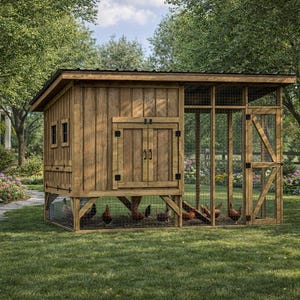 以下が含まれることがあります： 切妻屋根と金網の囲いがある木製の鶏小屋。小屋は自然な木材仕上げで、芝生の上に設置されています。小屋の中には数羽の鶏が見えます。