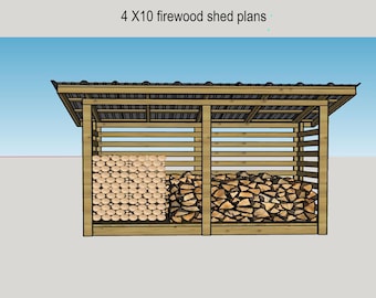 May include: A wooden firewood shed with a sloped roof and two compartments. One side is filled with neatly stacked logs, the other with split firewood. The text "4 X10 firewood shed plans" is at the top.