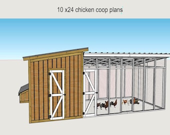 May include: A 10 x 24 foot wooden chicken coop with a large fenced-in run. The coop has a wooden door and a metal roof. There are several chickens inside the run.