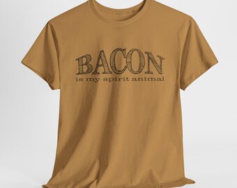 May include: A brown t-shirt with the text "BACON is my spirit animal" printed on the front.