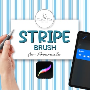 Könnte beinhalten: Bild mit einem digitalen Kunstdesign-Tool für die Procreate-App. Der Text lautet "STRIPE BRUSH for Procreate". Eine Hand hält einen Stift, und ein Tablet zeigt die App-Oberfläche an. Der Hintergrund hat blaue und weiße vertikale Streifen.