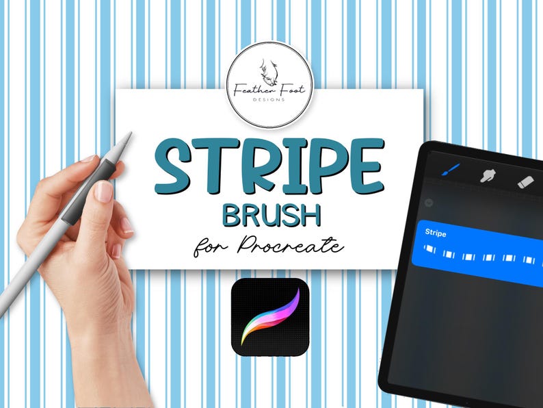 以下が含まれることがあります： Procreateアプリ用のデジタルアートデザインツールをフィーチャーした画像。「STRIPE BRUSH for Procreate」と書かれたテキスト。手はスタイラスを持ち、タブレットにはアプリのインターフェースが表示されています。背景は青と白の縦縞です。