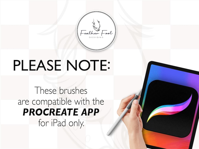 以下が含まれることがあります： Procreateアプリのアイコンが表示されたデジタルタブレットとスタイラス。テキストには「ご注意：これらのブラシは、iPadのPROCREATE APPでのみ互換性があります」と書かれています。