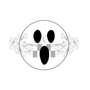 May include: A black and white graphic design featuring a stylized ghost face within a circle. The ghost has three black oval-shaped features for eyes and mouth. The design includes floral elements and the text "RYTH A".