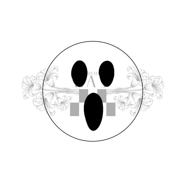 May include: A black and white graphic design featuring a stylized ghost face within a circle. The ghost has three black oval-shaped features for eyes and mouth. The design includes floral elements and the text "RYTH A".