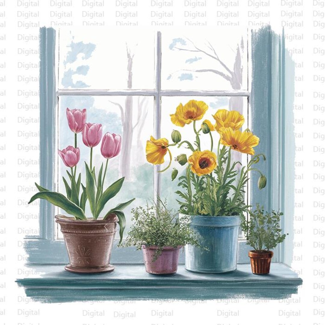 8 Spring Flowers Window Clipart, Flowerpots, Printable Watercolor ...