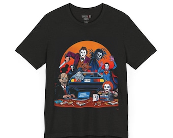 T-shirt mashup horror-iconen – grafisch T-shirt enge filmpersonages, uniseks halloween-shirt voor horrorfans