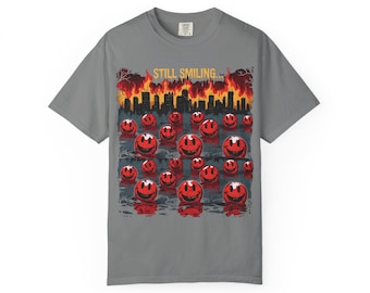 Schmelzendes Smiley Horror T-Shirt, tropfendes rotes Grunge T-Shirt, gruselige urbane Streetwear, immer noch lächelndes Grafikshirt