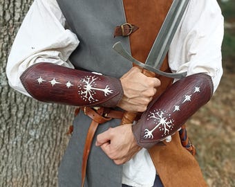 Leather Gondor bracers, forearm cannons for medieval costume and cosplay, handcrafted and handmade.