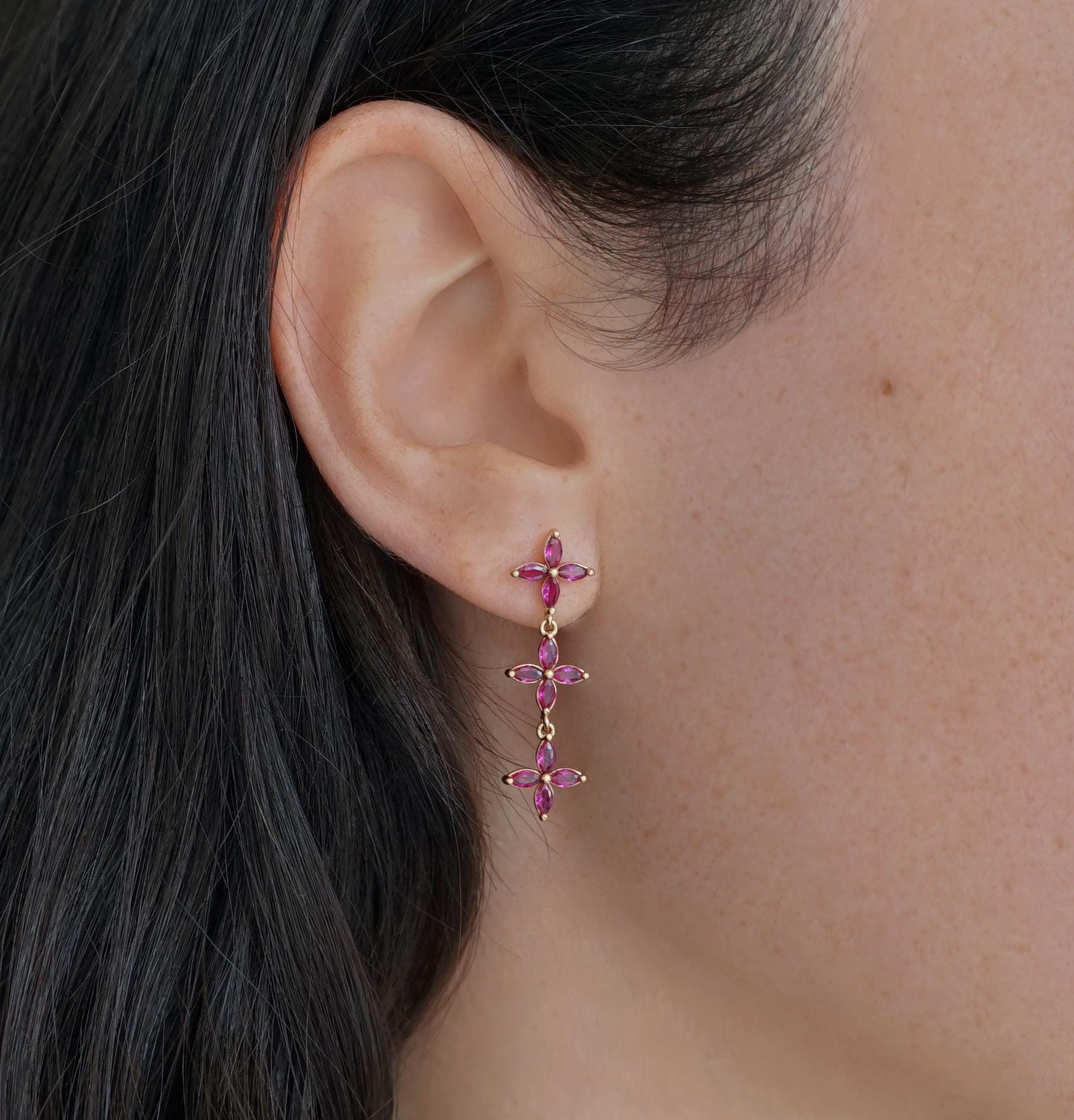 Boucles D'oreilles Fleurs Avec Pierres Multicolores - Plaqué Argent Et Or Rose - Neuf