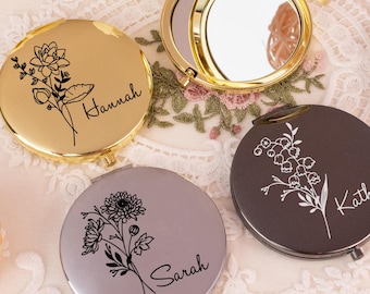 Espejo compacto, regalos personalizados para propuesta de dama de honor, cumpleaños de una amiga, regalo personalizado para mujer, espejo de bolsillo con flor de nacimiento para ella