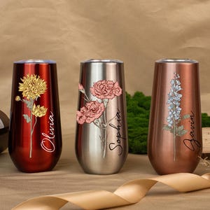 Personalized Birth Flower Bridesmaid Champagne Tumbler, Stainless Flute Wine Glass, Birthday Gift, Gift for Her, Wedding Gifts, Anniversary