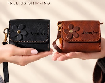 Personalized Floral Leather Wallet, Small Card Holder and Coin Purse