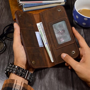 Cartera larga de cuero personalizada, tarjetero plegable de cuero grabado para mujer y hombre, regalo de cumpleaños personalizado para pareja y esposo.