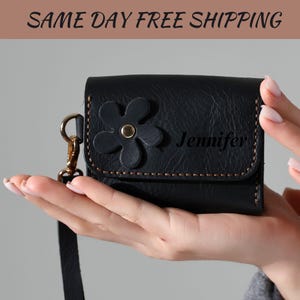 Cartera de cuero con flor para mujer, monedero personalizado con cremallera, tarjetero y dinero grabado, regalo para el Día de la Madre.