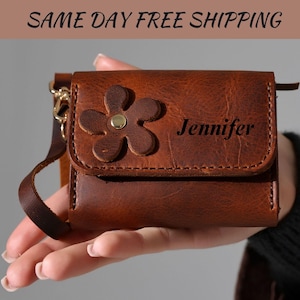 Cartera de cuero personalizada para mujer con flor, monedero con cremallera y pulsera de cuero personalizada, tarjetero y dinero de cuero grabado, regalo para ella