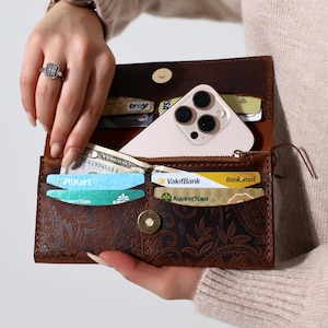 Cartera plegable de cuero artesanal con estampado floral, compatible con todos los modelos de teléfono, múltiples ranuras para tarjetas, cierre magnético a presión, el mejor regalo para mamá.