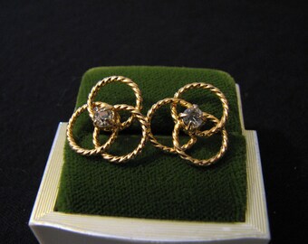 Vintage Gold Tone and Diamond Rhinestone Round Swirled Pierced Earrings
