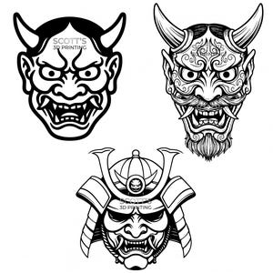 May include: Three black and white illustrations of Japanese demon masks. The masks feature horns, fierce expressions, and intricate details. The text "SCOTT'S 3D PRINTING" is visible on two of the masks.
