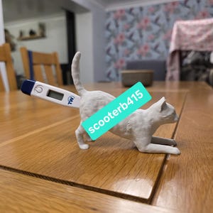 Peut inclure: Une figurine de chat blanc en position d'étirement avec un thermomètre numérique inséré à l'arrière. Le thermomètre possède un corps blanc, un embout bleu et un petit écran d'affichage numérique. Une étiquette rectangulaire bleu sarcelle porte le texte scooterb415.
