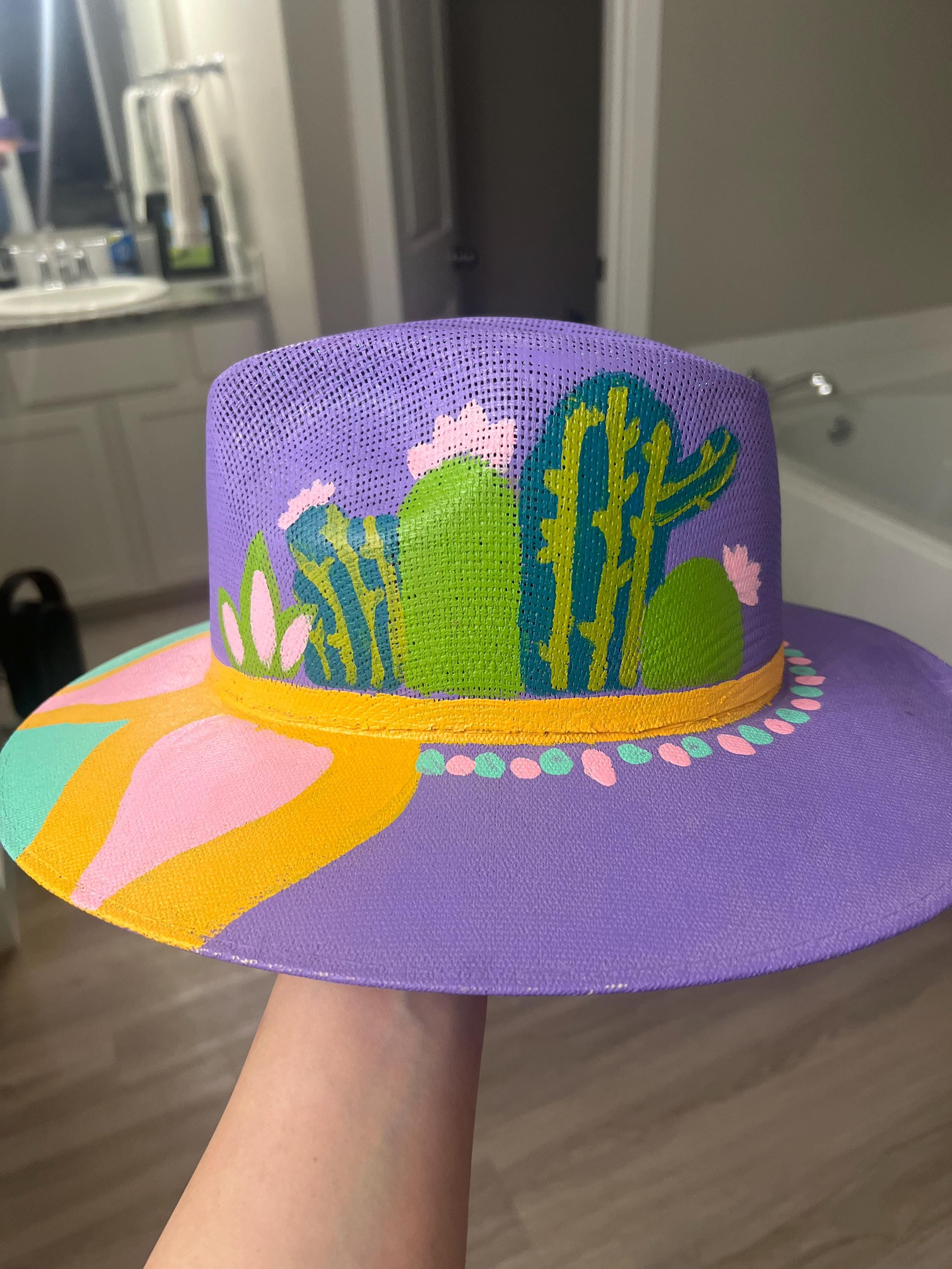 Hand Painted Cactus Inspired Straw Hat - Etsy display picture 3