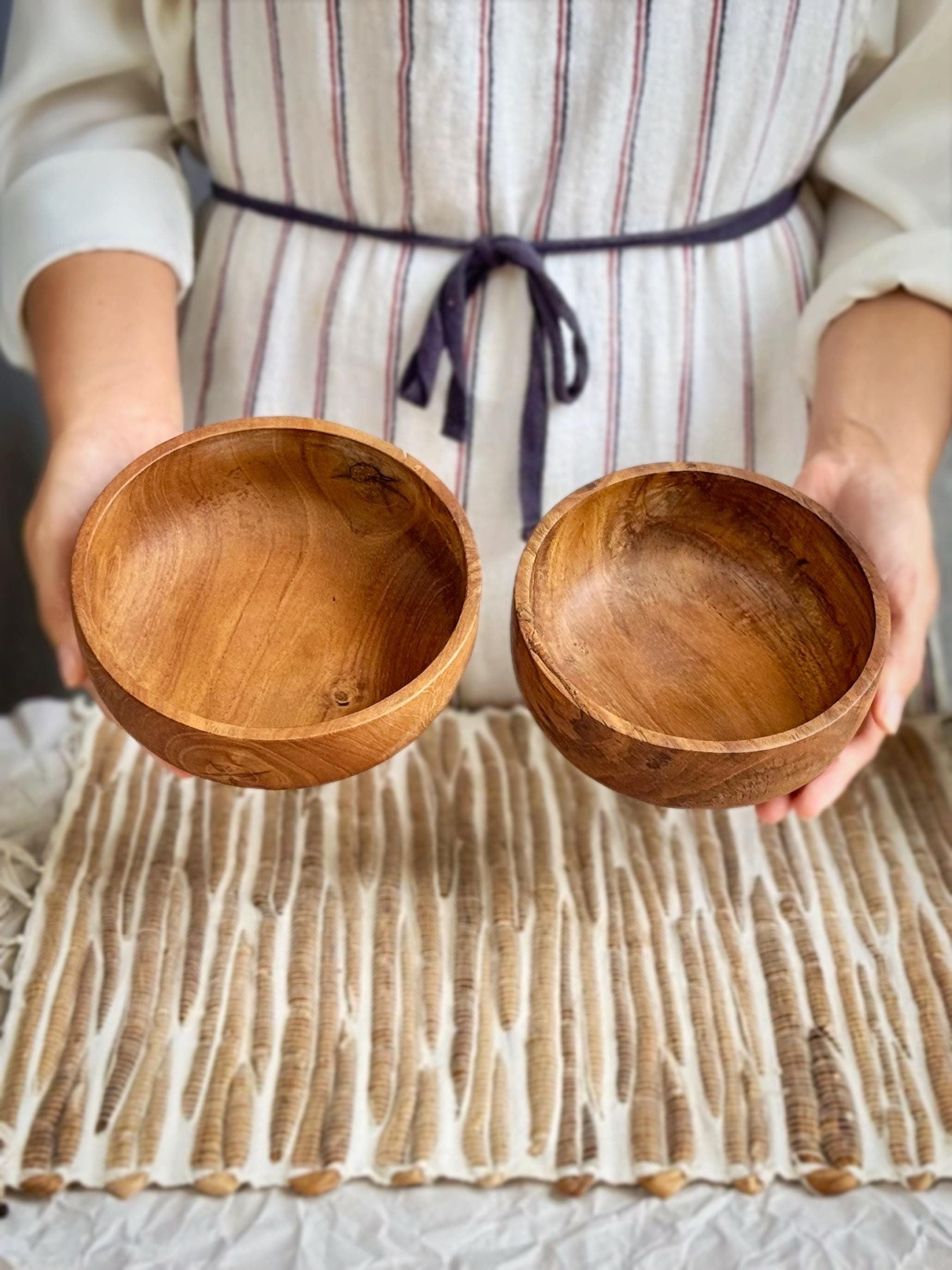 Handmade Teak Wood Bowl Set: Cereal & Berry Bowls, Food-Safe Finish