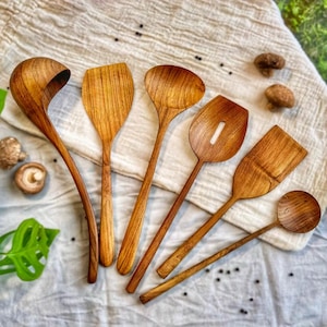 Teak Wood Cooking Utensil Set: Handmade Spoons & Spatulas