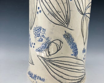 Hand-built Stoneware Vase  or kitchen utensil holder with hand carved designs, clear and emerald green glaze