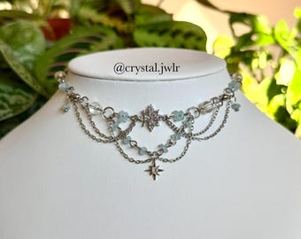 Necklace with Aquamarine, stainless steel, beaded, jewelry