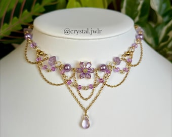 Flower necklace with Amethyst, stainless steel, beaded, jewelry, fairytale, fairycore, fairy