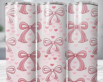 20 oz Girly Aesthetic Tumbler Wrap Trendy Bow Heart Design PNG Preppy Pink Coquette Ribbon Design Tapered & Straight Tumbler Digital File