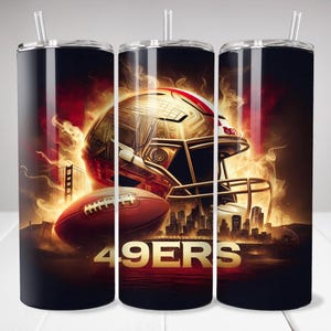 May include: A black and gold stainless steel tumbler with a football helmet and football design. The tumbler has the text "49ERS" on it.