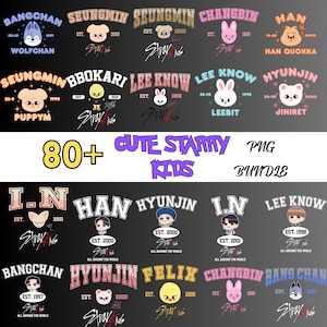 Puede incluir: Un conjunto de gráficos PNG con temática de Stray Kids, con varias ilustraciones de personajes y nombres. El diseño incluye texto como "80+ Cute Starry Kids Bundle" y nombres de miembros individuales con fechas y apodos.