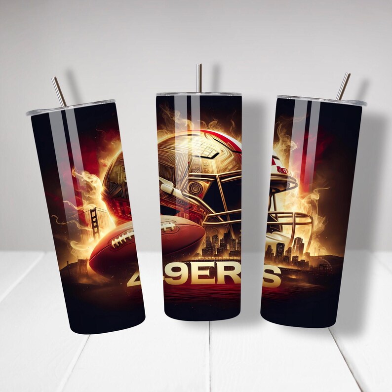 May include: Three stainless steel tumblers with a design featuring a football helmet, a football, and the words "49ers" in gold lettering. The background is a fiery orange and red with a cityscape.