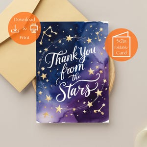 Galaxy bedankkaart afdrukbaar – hemelse sterrenhemel met sterrenbeeld kunst – spirituele of kosmische dankbaarheid – direct downloaden