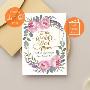 Printable Mother’s Day Card | Watercolor Floral Mom Card | Instant Download | Best Mom Ever Greeting | Elegant DIY Gift for Her