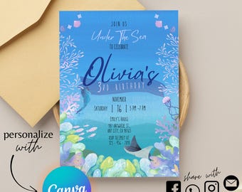 Editable Under the Sea Birthday Invitation | Ocean Party Invite Template | Instant Download | Girl or Boy Birthday | Canva Template
