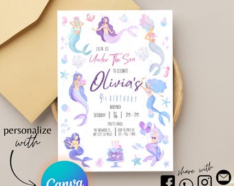 Editable Mermaid Birthday Invitation | Canva Template | Printable Girl Birthday Invite | Under the Sea Party | Instant Download