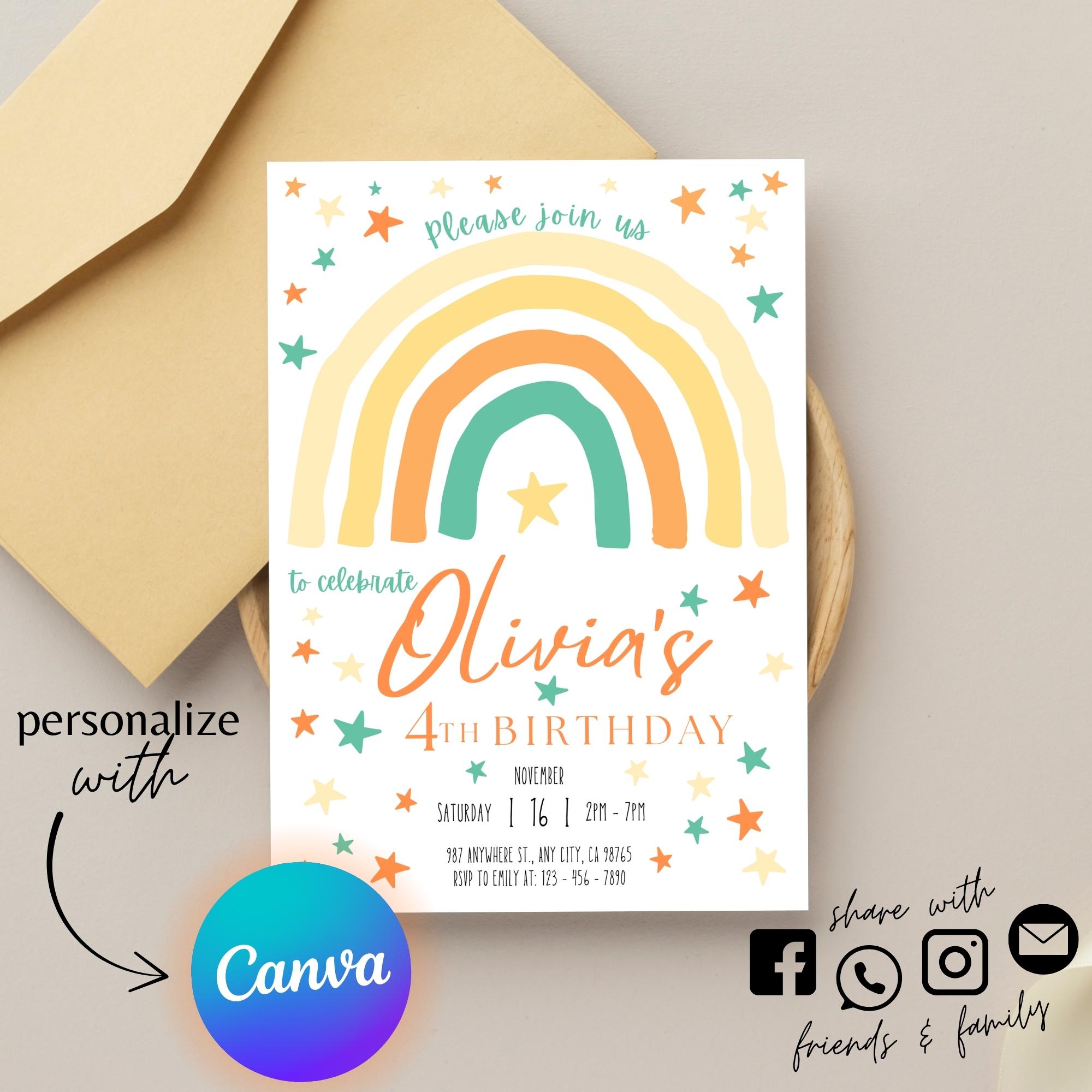 Editable Rainbow Birthday Invitation Girl | Boho Pastel Birthday Canva Template | Digital Download Printable Invite