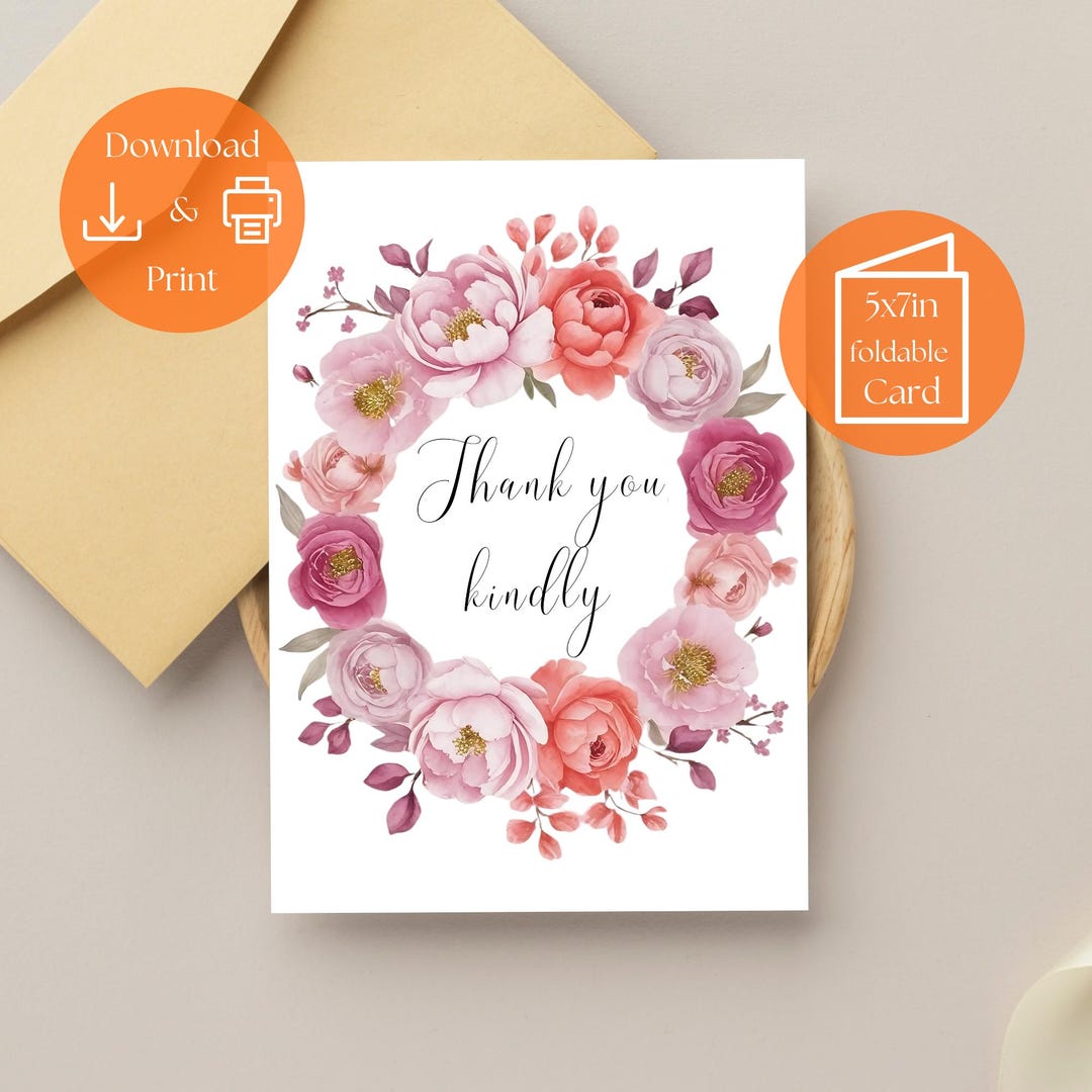 Blush Floral Thank You Card Printable – Rose Gold Watercolor Peonies ...
