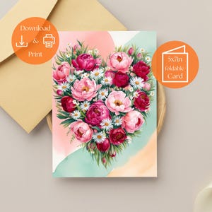 Aquarell Blumen Herz Muttertagskarte - Printable Sofort Download