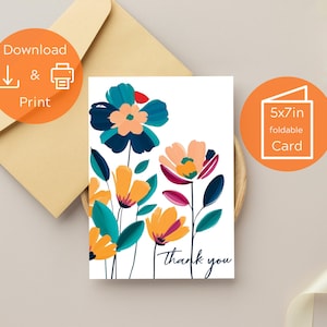 Printable Thank You Card Floral Thank You Card Flower Thank You Card Print at Home Thanks Card Thank You Card For Her Digital Download 5x7in