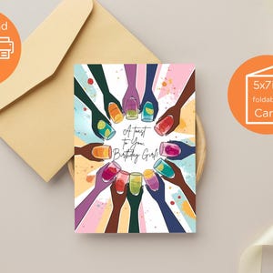 Drinkkaart verjaardag voor vriend – afdrukbare 5 x 7 opvouwbare groet, kleurrijk roosterontwerp, direct downloaden voor speciale dag