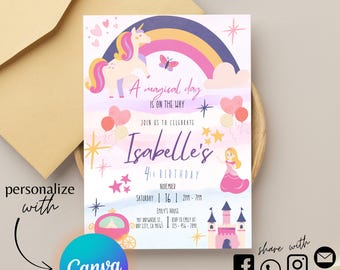 Editable Unicorn Birthday Invitation | Canva Template | Rainbow Party Invite for Girls | Instant Download | DIY Magical Invite