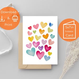 Hartelijke bedankkaart met aquarel en verschillende gekleurde hartjes, afdrukbare 5 in x 7, directe download