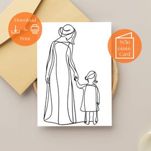Tarjeta minimalista para el Día de la Madre con arte lineal: dibujo imprimible de mamá e hijo. Tarjeta DIY sencilla y elegante. Descarga instantánea.